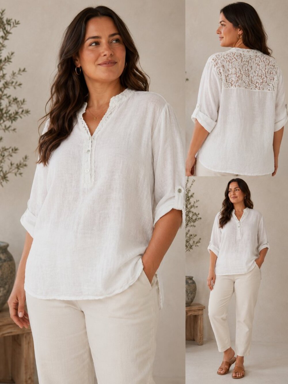 Viola Borghi Italy White Linen Lace Blouse M Boho Coastal Cottagecore Top